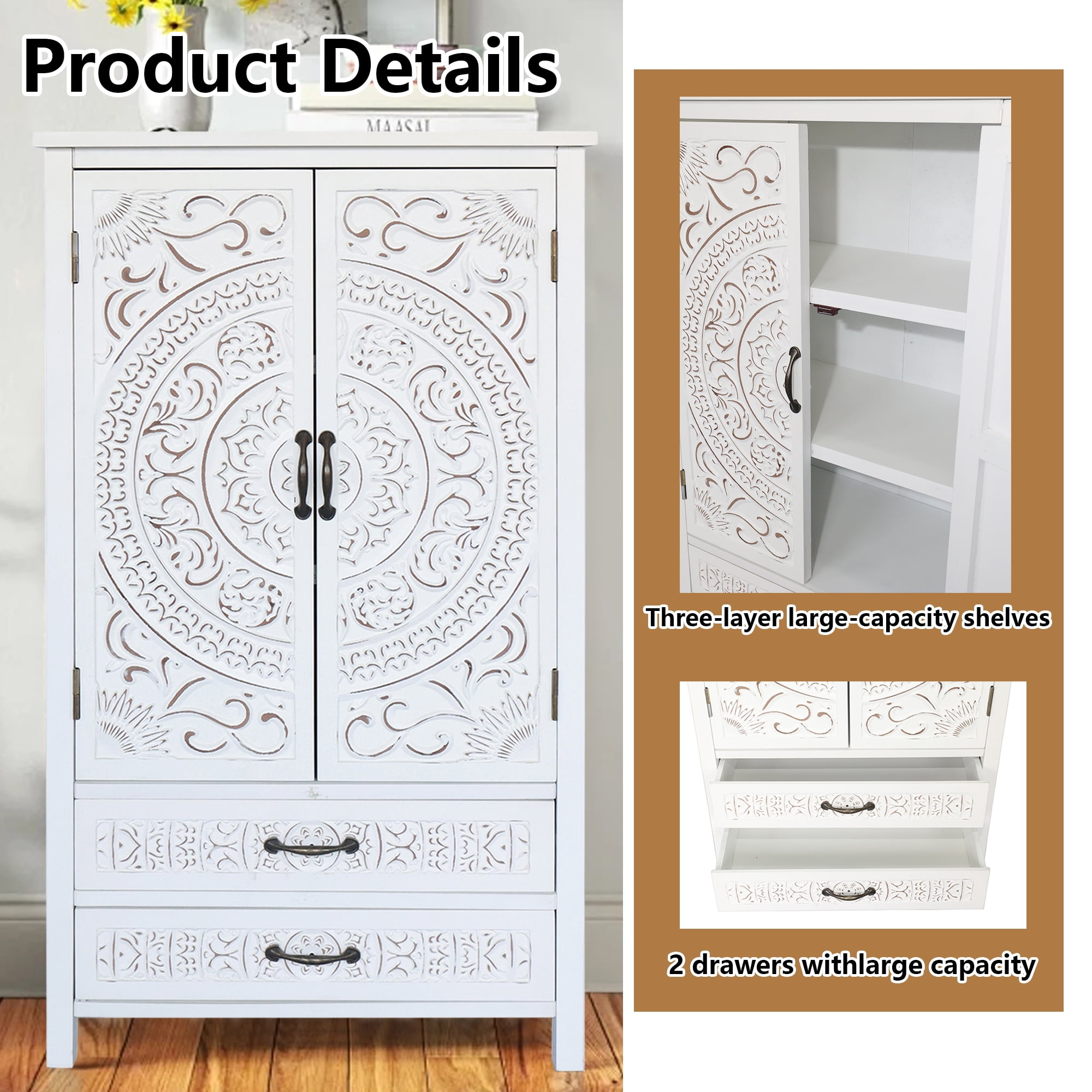 HIUU 48" White Storage Cabinet with Doors and Shelves,Farmhouse Kitchen Pantry Cabinet with Drawers,Bathroom Storage Cabinet with Chic Wood Grain