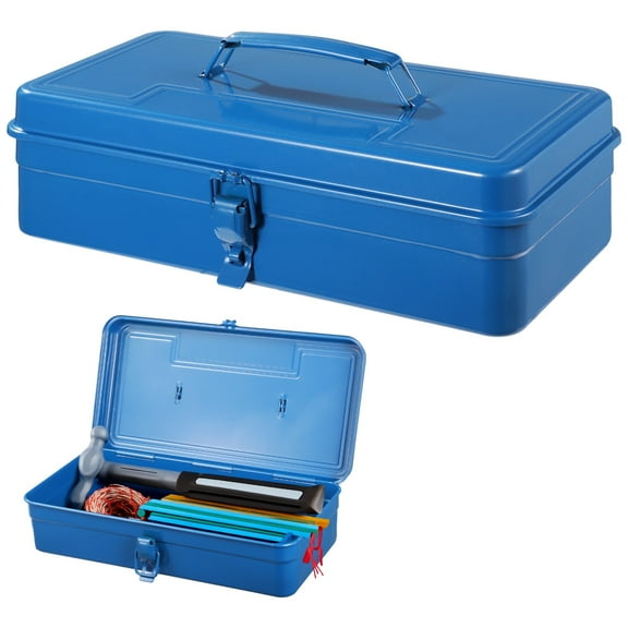 Steel Storage Box with Hinged Lid, Rectangular Blue Empty Hinged Metal Tool Box, Metal Organizer with Secure Buckle for Scrapbook Stamps, Stationery, Sewing Supplies, Hand Tools