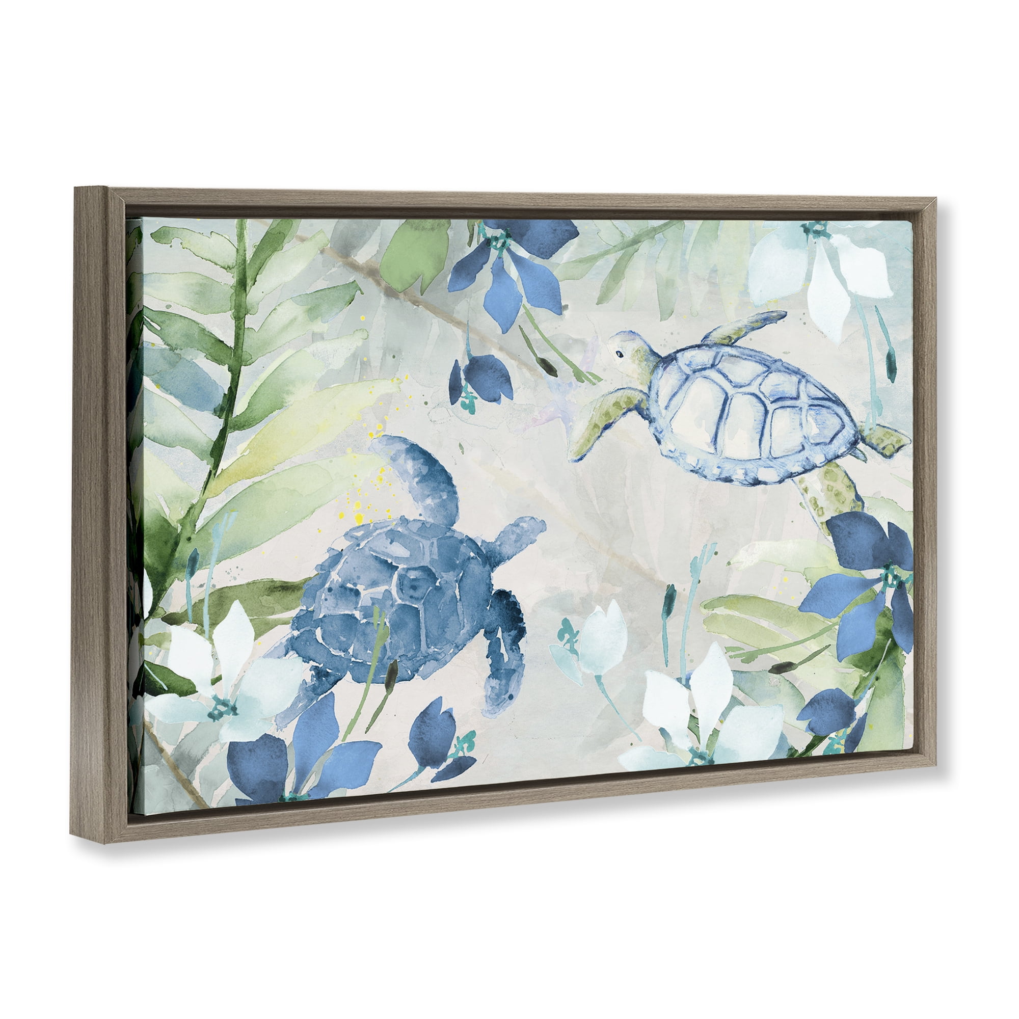 Stupell Industries Turtles Among Flowers Coastal Painting Brown Floater Framed Canvas Art Print Wall Art, 25 x 17