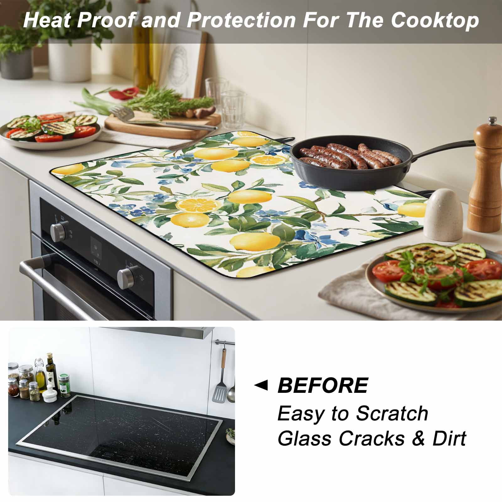 Yellow Lemon Stove Top Cover for Electric Stove, Heat-proof & Non Slip Glass Top Stove Cover Protector, Green Leaf Blue Flower Tropical Fruit Kitchen Flat Cooktop Rubber Mat 24x21 Inches