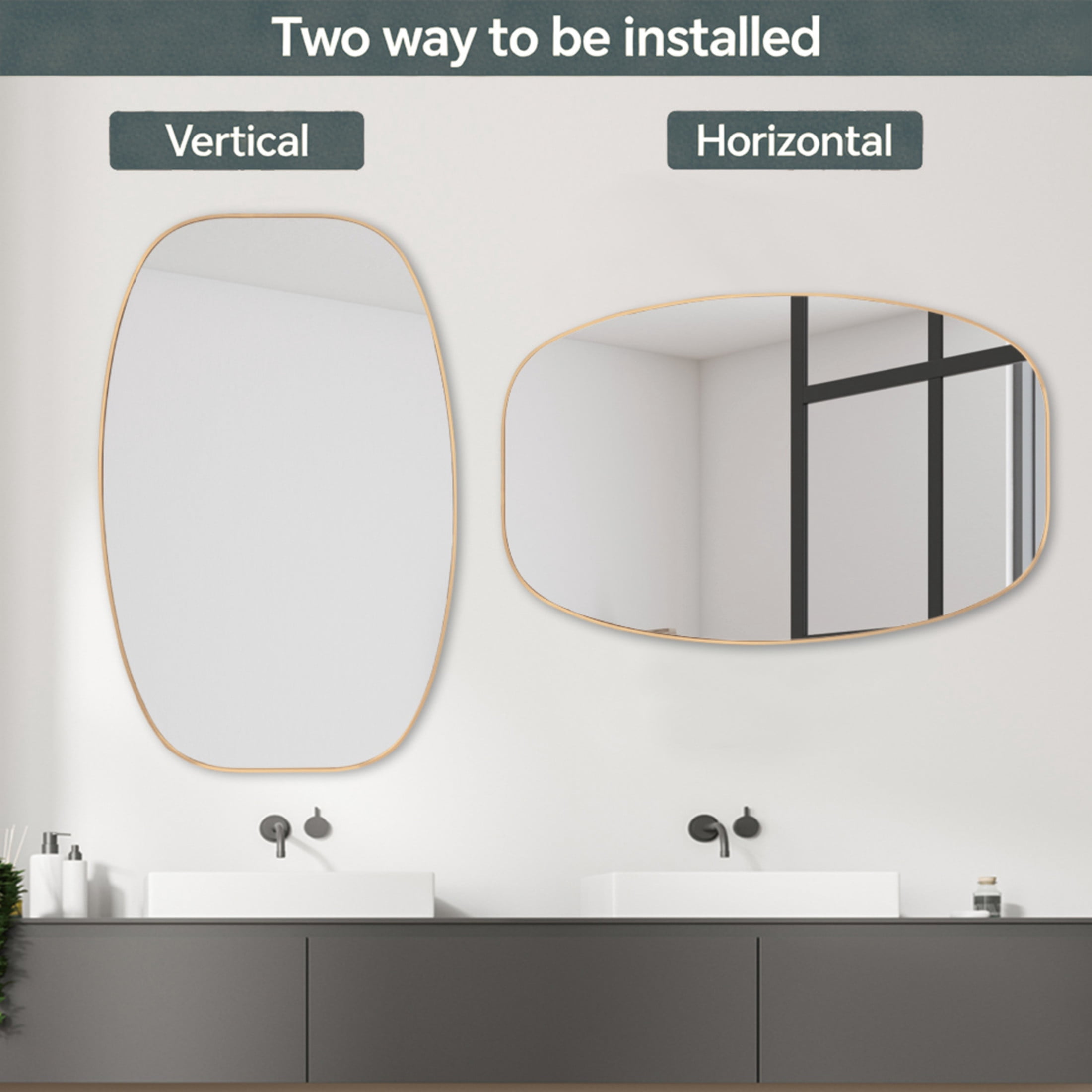 Noble House 30"x48" Unique Metal Framed Oval Wall Mirror, Modern Oblong Vanity Mirror for Bathroom & Entryway, Gold