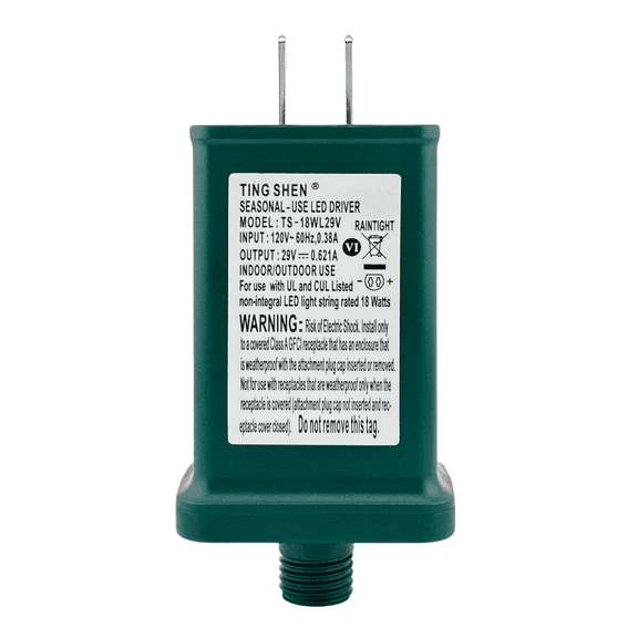 Class 2 LED Transformer for Christmas X-Mas Tree Lights, Holiday Lighting, LED String Light 29V 0.621A Power Supply 18W Raintight US Plug Power Adapter UL-Listed TS-18WL29V (Right Positive)