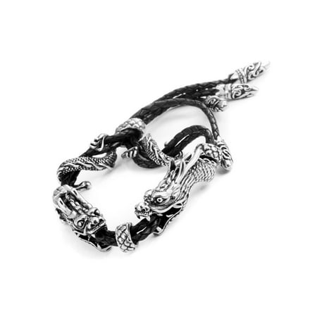 - Stunning Genuine Leather Stainless Steel Double Dragon Bracelet (Adjustable, Black, Silver)