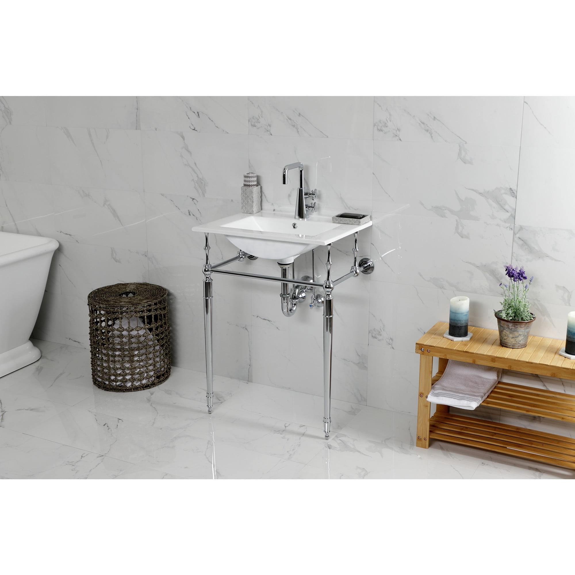 Kingston Brass KVPB24187W1CP Edwardian 24" Ceramic Console Sink with Brass Legs (1-Hole), White/Polished Chrome
