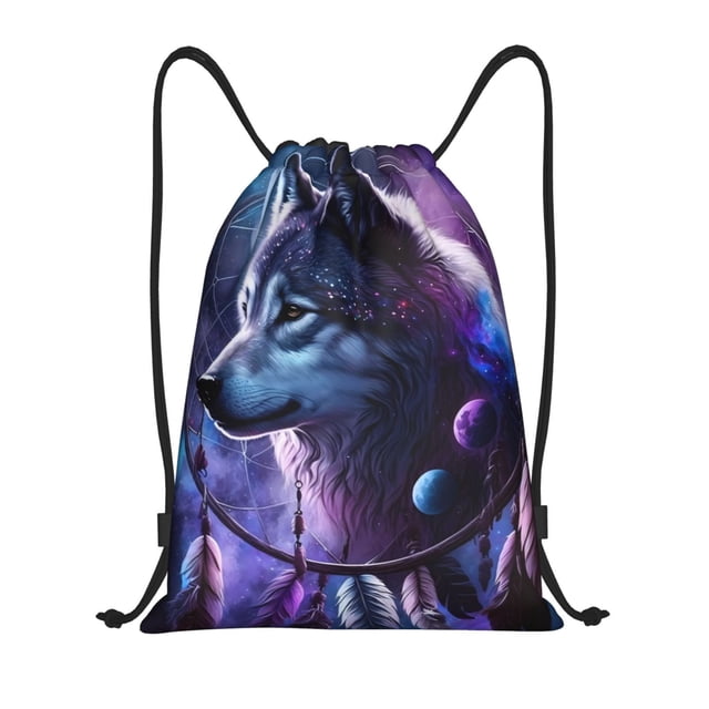 Saiise Feathered Wolf Pattern Sports Drawstring Backpack - String Swim Gym Bag with Wet Proof Pocket for Women&Men-Medium