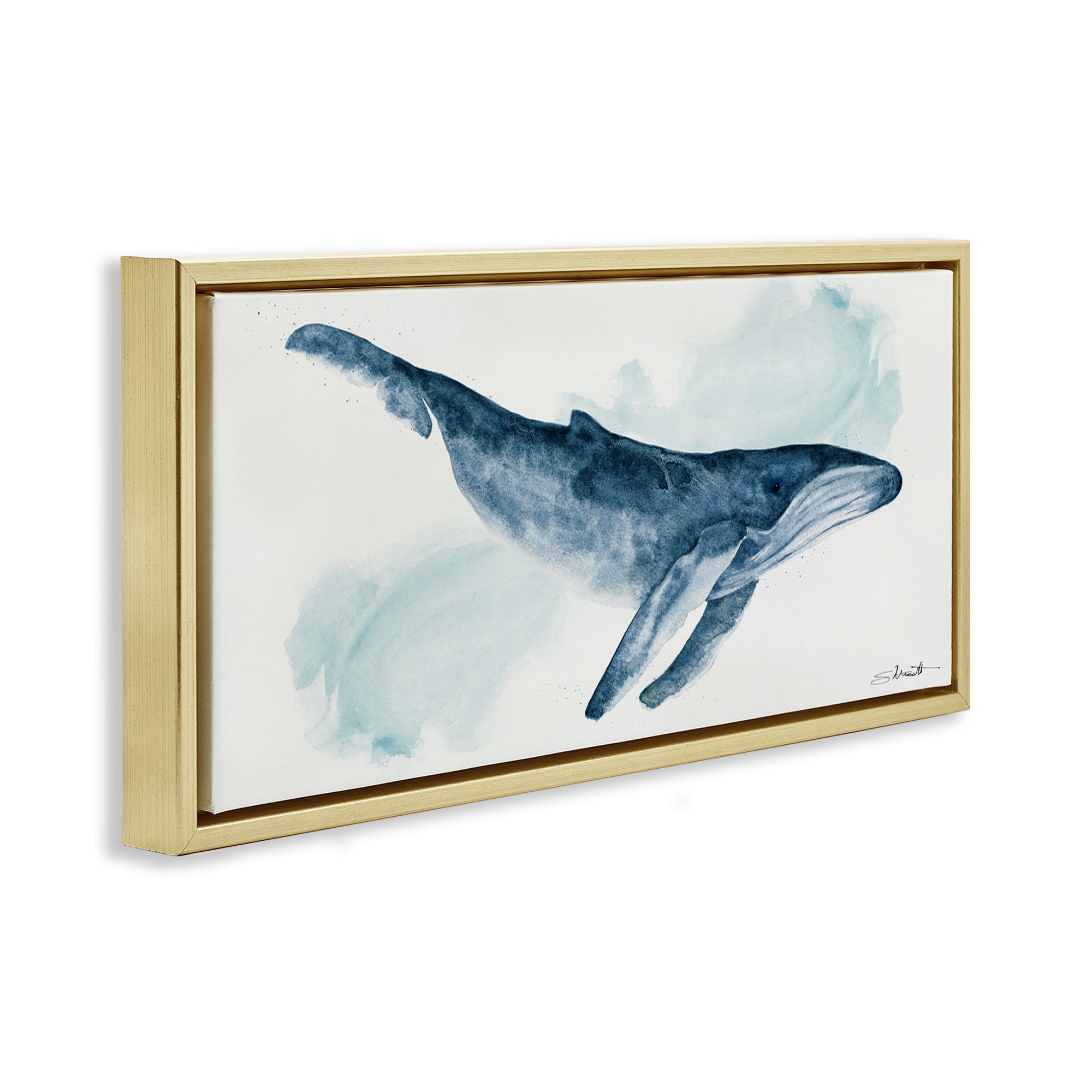 Stupell Industries Nautical Humpback Whale Animals & Insects Painting Gold Floater Framed Canvas Art Print Wall Art, 31 x 14