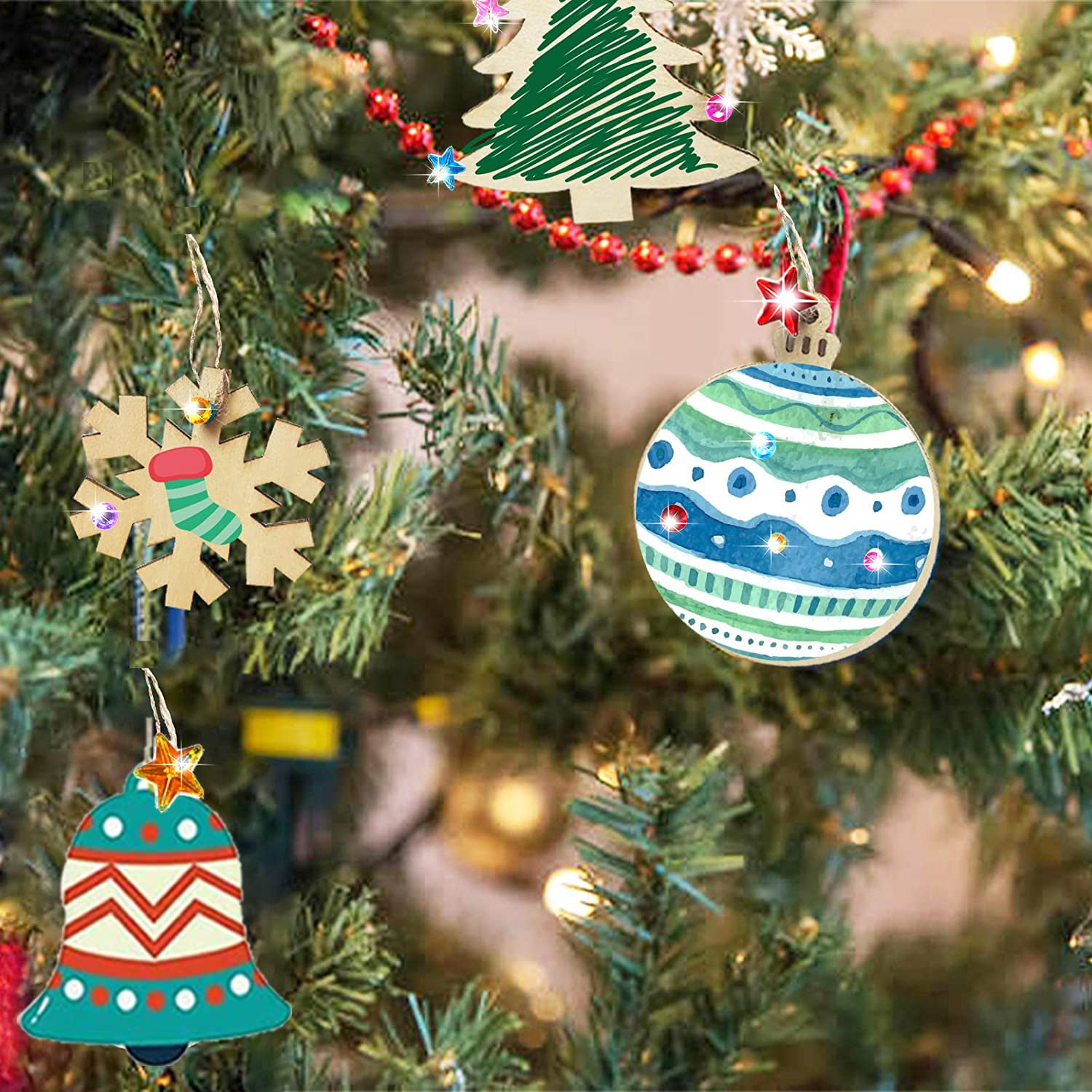 YUNOVA DIY Christmas Wood Ornaments Painting Kit for Kids - 70PCS Blank Wooden Shapes with Watercolor Pens, Strings, Eyes for Tree Decorations, Holiday Crafts