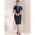 thumbnail image 4 of Vestidos de trabajo de negocios para mujer, manga corta, cuello cuadrado, bloque de color, vestido ceñido al cuerpo Azul marino L, 4 of 6