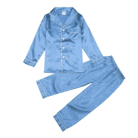 SGMVNU Boys Sleepwear Pajamas Kids Girl Boy Satin Pajamas Set Button Down Sleep Shirt Top Long Pants Bottoms Sleepwear Holiday Loungewear Size 11-12 Years Light Blue