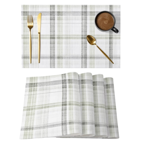 Sage Green Check Placemats Set of 4 Farmhouse Line Buffalo Plaid Place Mats Indoor Wipeable Table Mats Washable Cloth Dining Table Placemats for Kitchen Holiday Party Home Decor 13x19 Inch