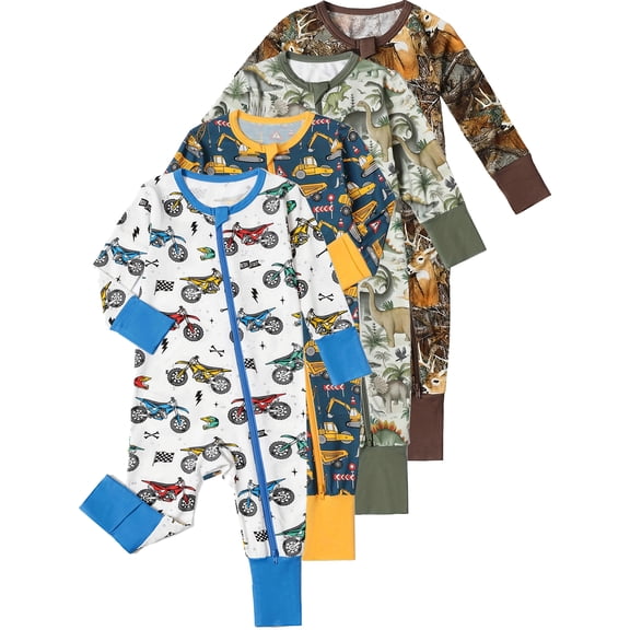 QEFJNO Bamboo Viscose Baby Boys One-Piece Footies Pajamas, Zipper Romper with Mitten, Footless Sleepers - 1PCS Motorcycle