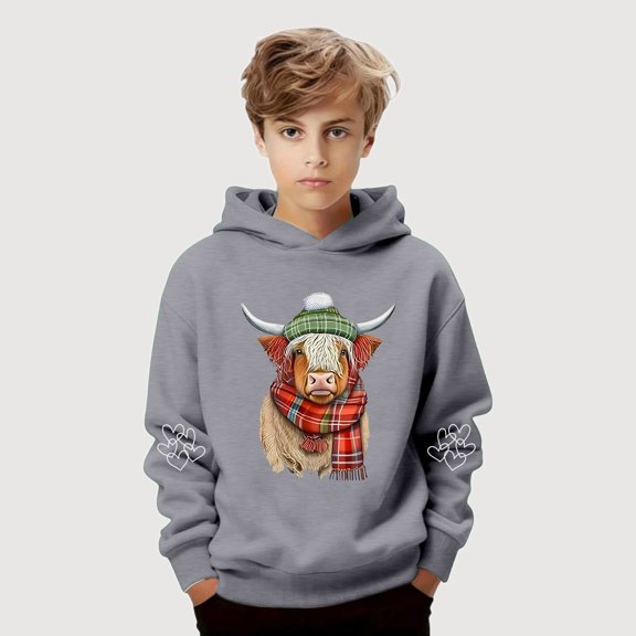 Gyujnb Youth Hoodie Shaggy Cow Print Cool Warm Versatile Pullover for Daily Casual Outings (Toddler, Big Boys),11-12 Years