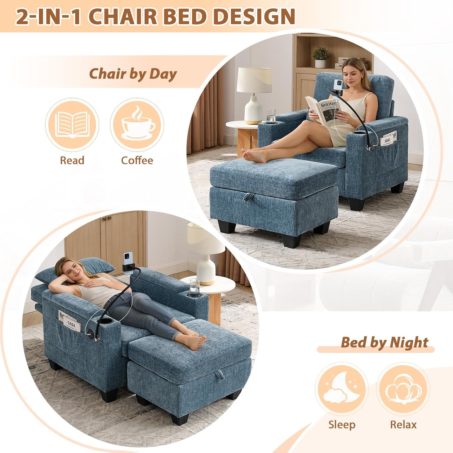 MOONMISS Oversized Chaise Lounge Chair Indoor, Single Convertible Recliner Reading Arm Sofa Chair W/Adjustable Backrest & Charging Port Couch Bed for Living Room, Home Theater & Bedroom,Blue