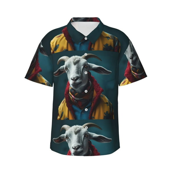 Fotbe Surrealist Goat for Men Unisex Summer Beach Casual Short Sleeve Cotton Linen Button Down Shirts,X-Large