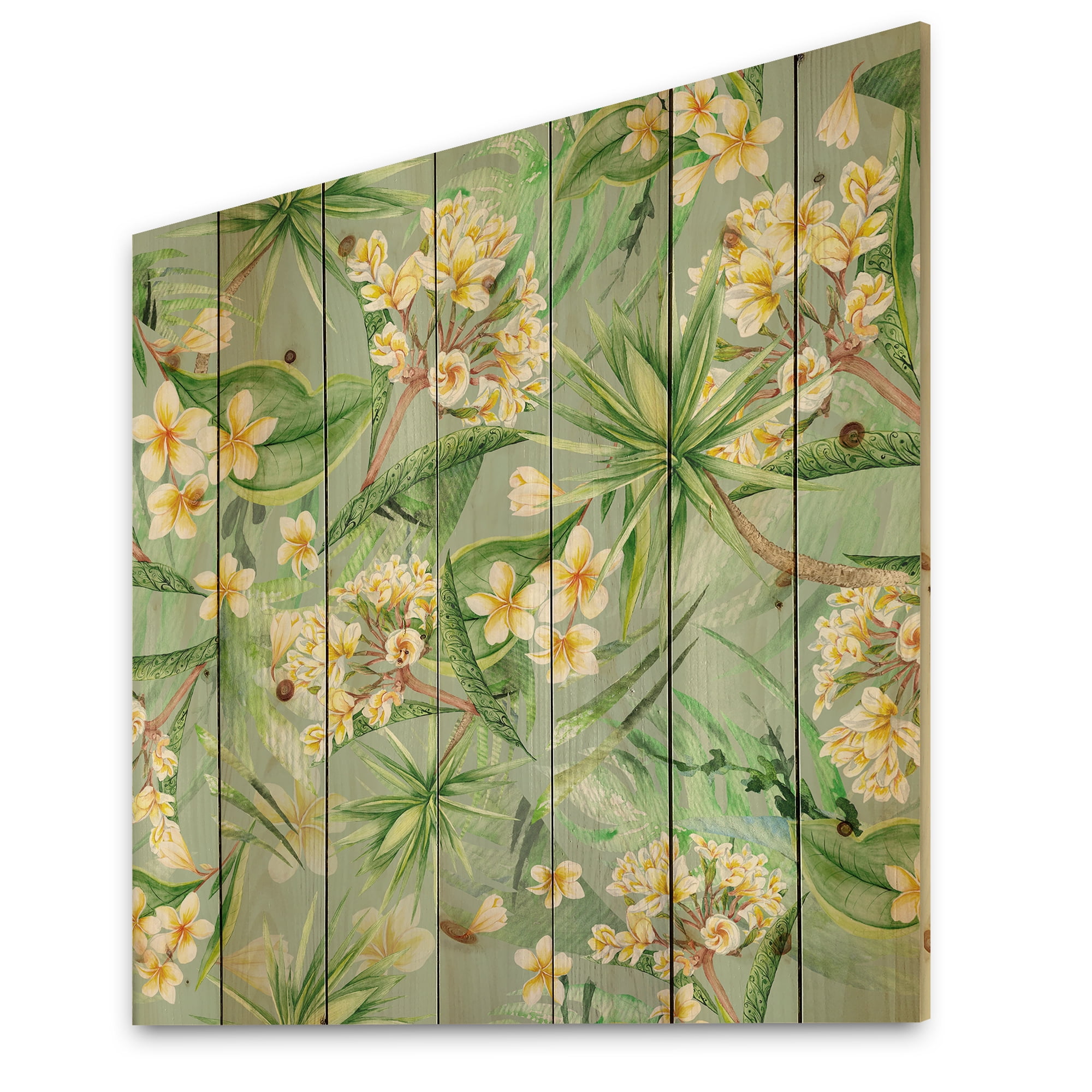 Designart 'Yellow Flowers and Tropical Foliage XIV' Modern Print on Natural Pine Wood