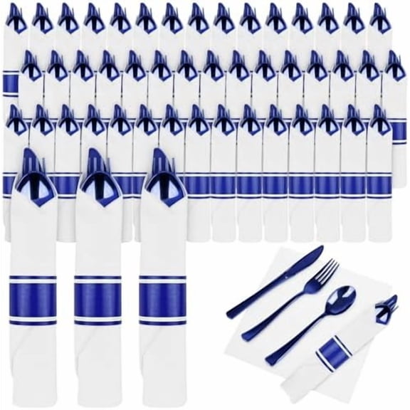 100Pack Blue Pre Rolled Plastic Silverware - Wrapped Blue Rolled Cutlery with Napkins, Heavy Duty Prerolled Plastic Silverware Set, Disposable Utensils with Dinner Napkins for Party