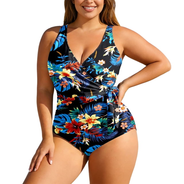 PMVFHDE Plus Size Swimsuit For Women Floral High Waist Tankini Adjustable For Full Coverage