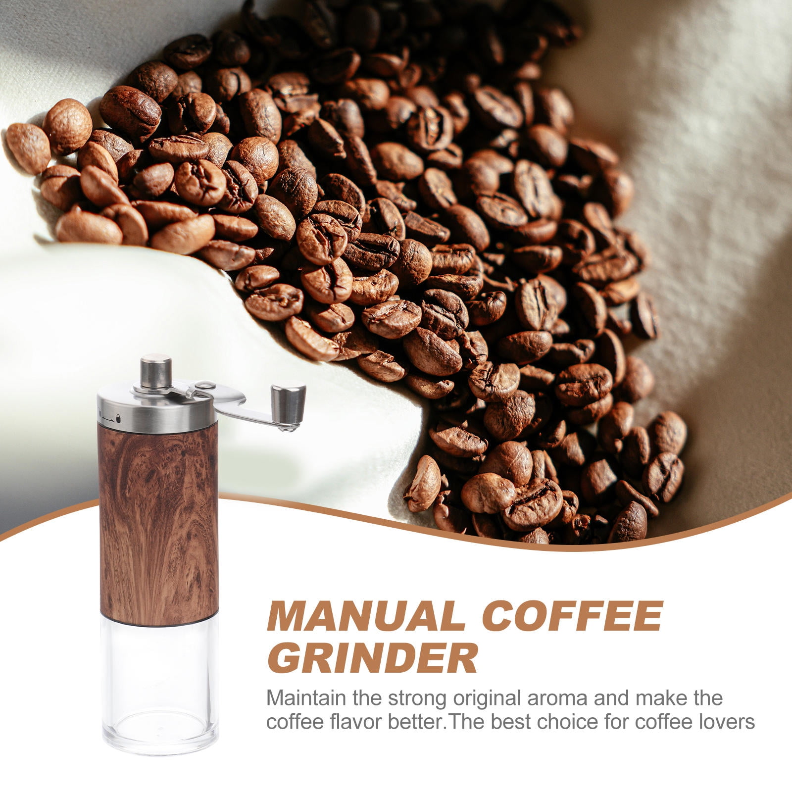 ULTNICE Portable Coffee Bean Grinder Plated Silver Stainless Steel Wooden Hand Grinding 1Pc