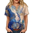 thumbnail image 3 of Women's Artistic Floral & Abstract Print Henley Top - Short Sleeve Button Down Tunic Blouse with Pocket, Loose Fit Casual V-Neck Shirt for Summer Blue M, 3 of 9