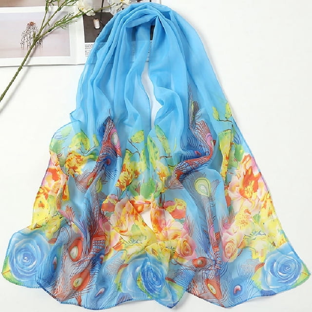 Nvzi Elegante bufanda cuadrada, nueva bufanda de gasa, moda de primavera, bufanda fina estampada, decoración, chal protector solar, 1 pieza (azul)