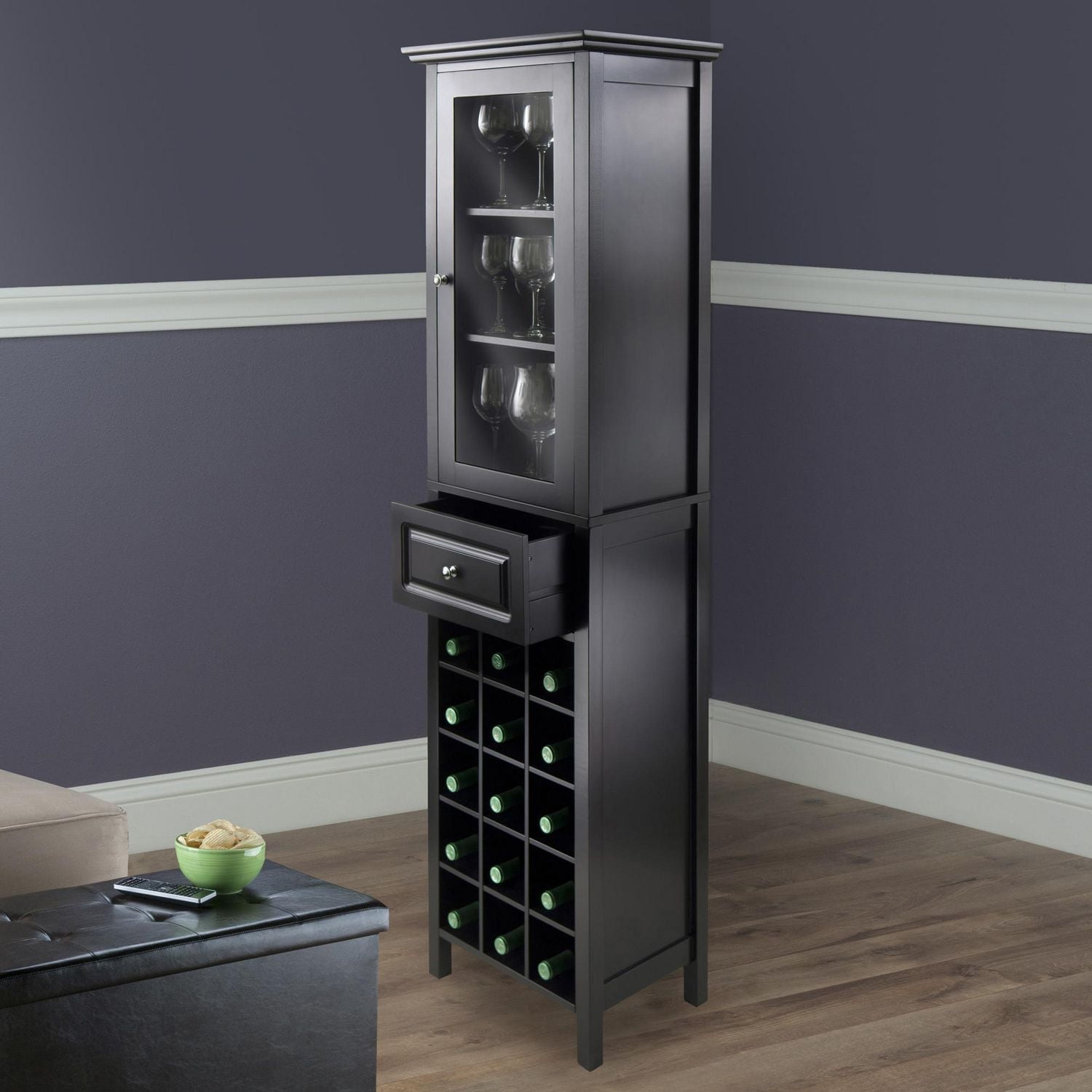 Winsome Burgundy Wine Cabinet 15-Bottle, Glass Door, Black Finish