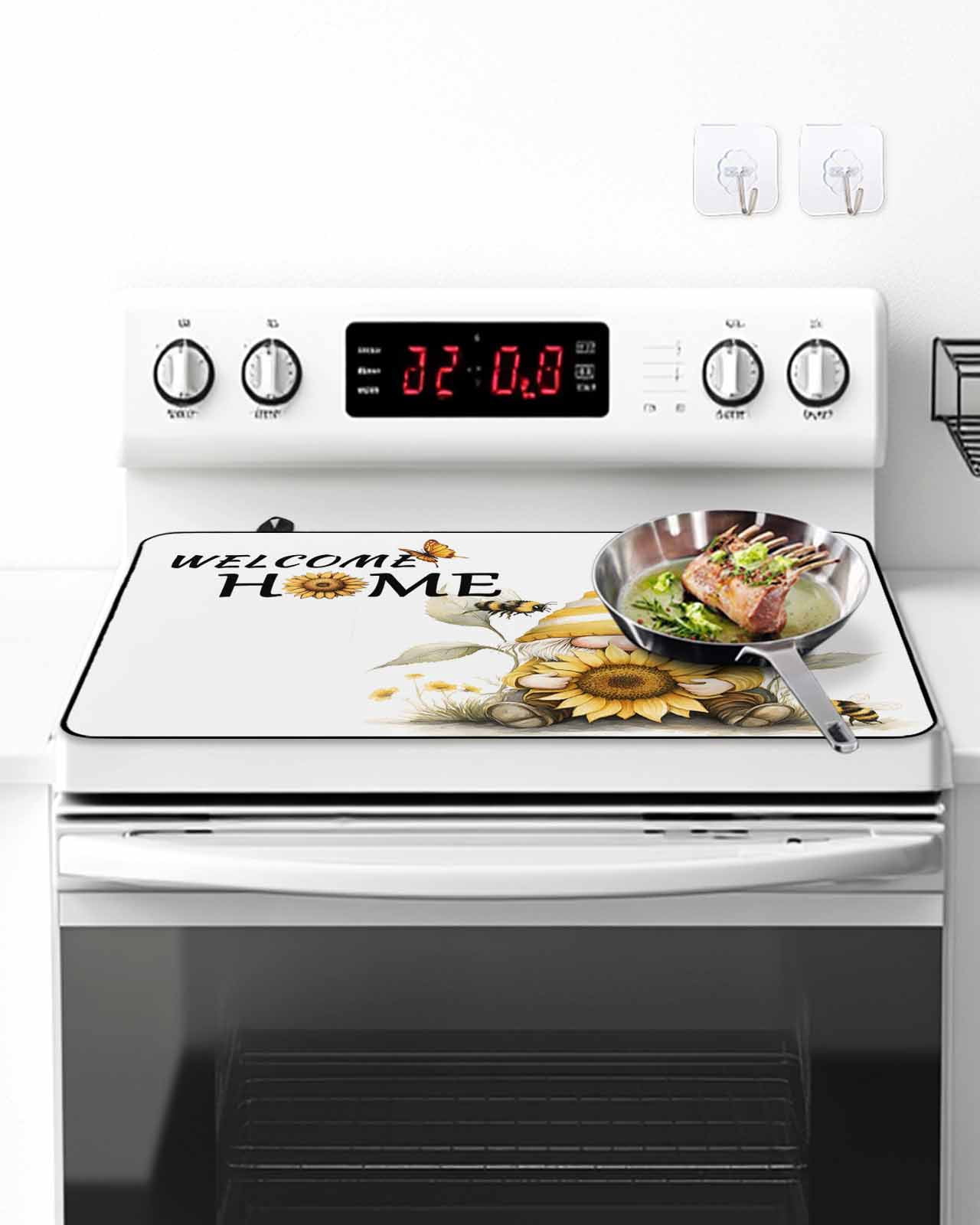 Stove Top Covers for Electric Stove 28.5x20.5 Inches, Yellow Sunflower Heat Insulation Fireproof Glass Cooktop Protector, Gnomes Vintage Bee Butterfly Art Countertop Stovetop Cover for Kitchen