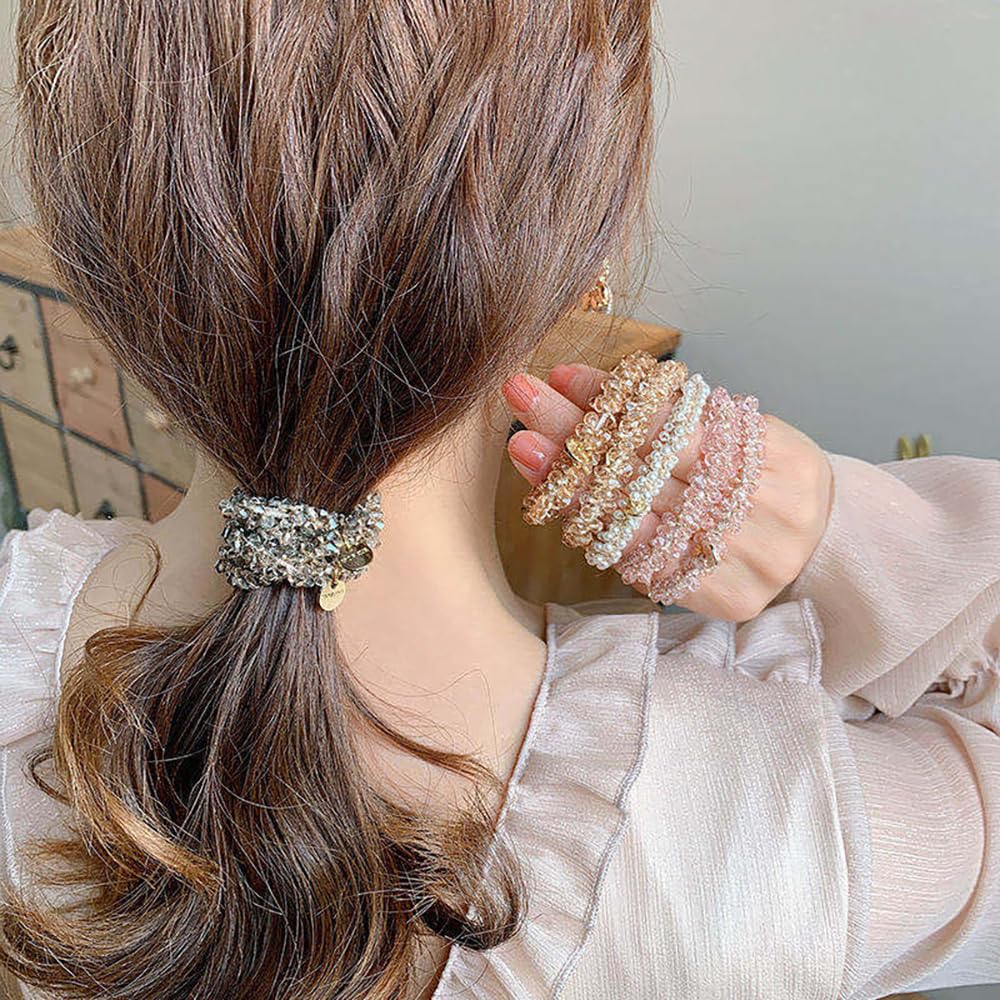 9Pcs Handmade  Pearl and Crystal Hair Accessories: Stretchy Scrunchies, Hair Bands, Ponytail Holders, and Hair Ropes for Women and Girls