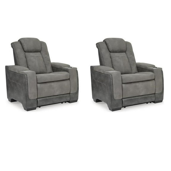 Home Square Set of 2 Faux Leather Power Recliners in Gray