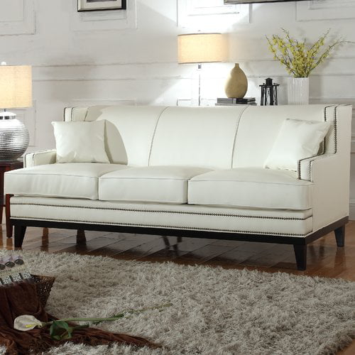Mobilis Modern Soft Bonded Leather Sofa With Nailhead Trim Detail White Walmart Com Walmart Com