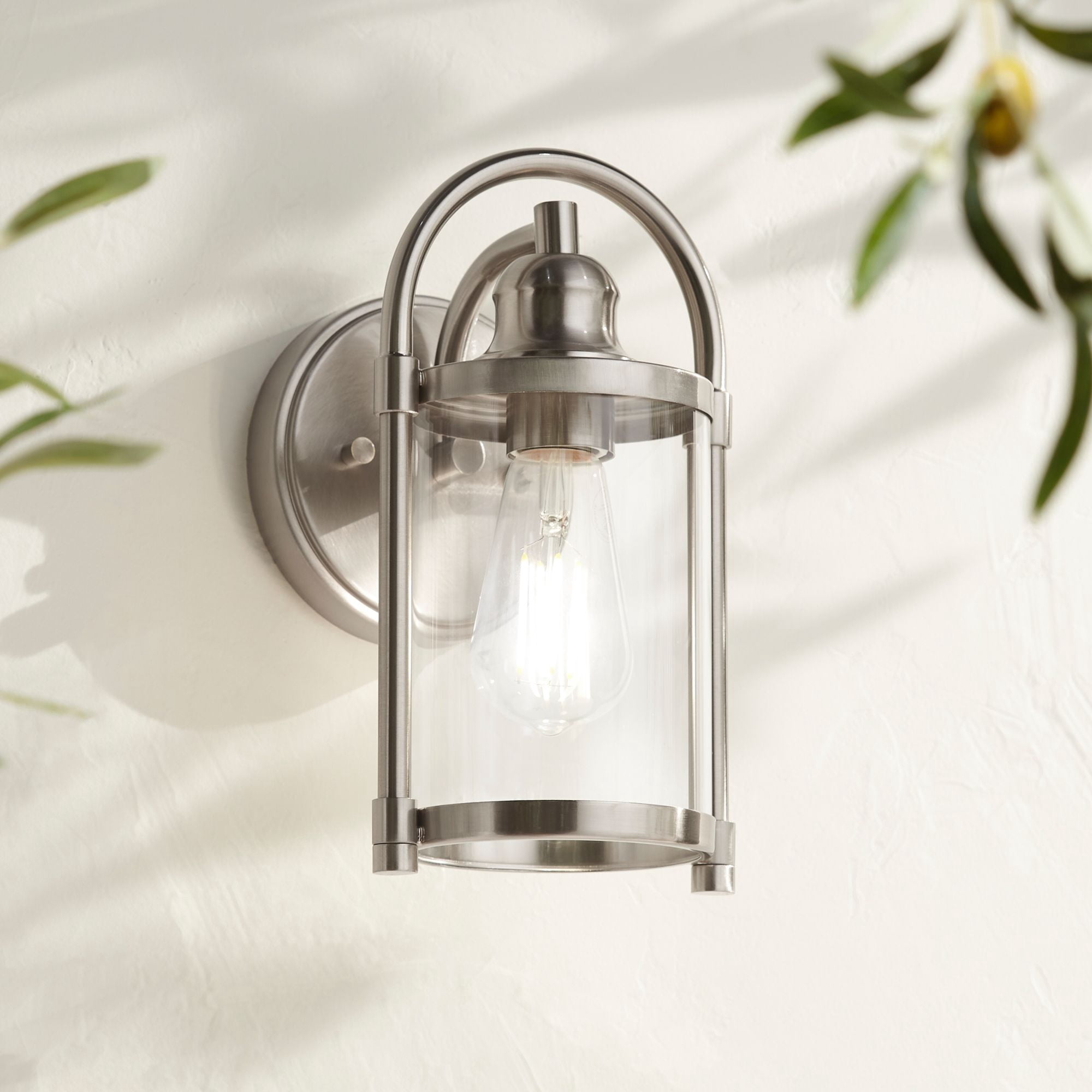 John Timberland Rustic Farmhouse Outdoor Wall Light Fixtures Set of 2 Brushed Nickel 10 1/4" Clear Glass for Exterior Barn Deck House Porch Yard Patio