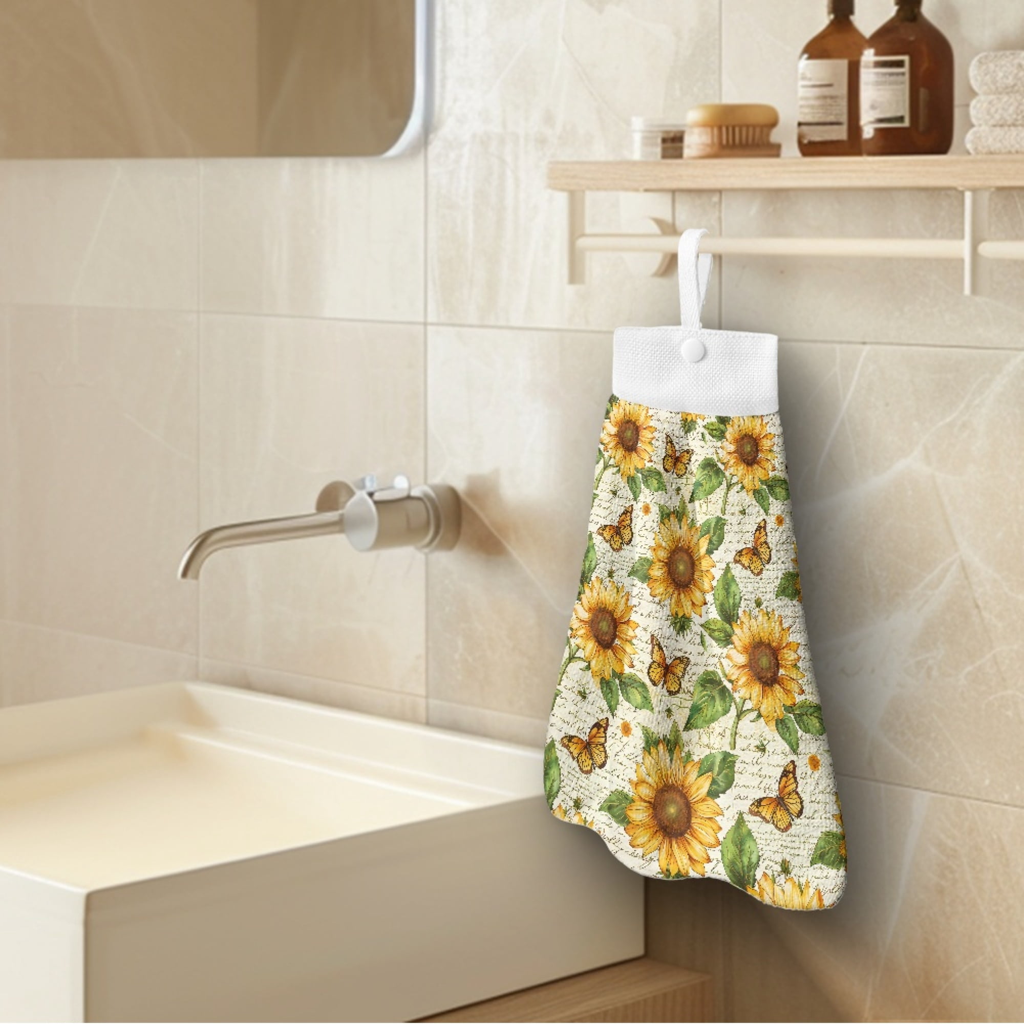 SEANATIVE Sunflower Hand Towel for Bathroom Butterfly Hand Towels with Button Loop Quick Dry Kitchen Fingertip Towels Kids Hand Dry Towels Highly Absorbent Hanging Hand Towels Home Decor 3 Pcs