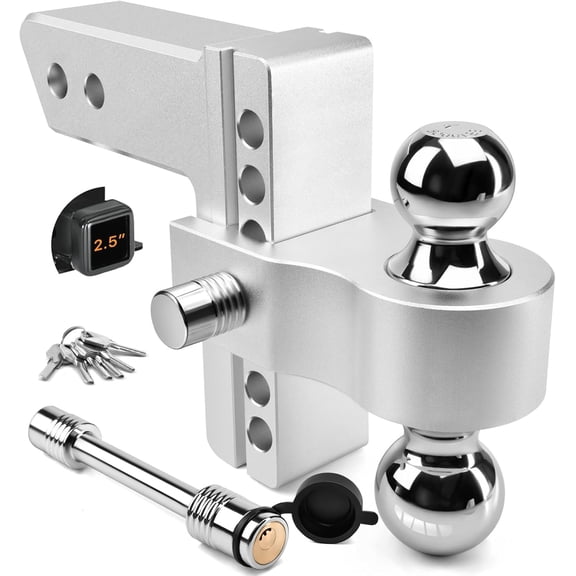 HRT Adjustable Trailer Hitch for 2.5" Receiver (6" Drop/Rise) - 18,500 lbs GTW, Dual Ball (2" & 2-5/16") Chrome Steel, Aluminum Tow Hitch