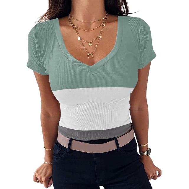 Hauts d'Été Grande Taille pour Femmes, Mode Décontractée pour Femmes, T-shirt à Manches Courtes Imprimé Col en V Ample, Chandail-Over, T-shirt Col en V pour Femmes en Liquidation