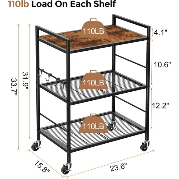 3-Tier Kitchen Cart with Adjustable Shelves - Microwave Storage & Utility Rolling Organizer for Small Spaces