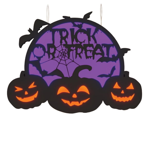 2D LED Trick or Treat Pumpkin & Bat Motif Light, 12.5" x 14" Purple and Orange, Battery or USB-Powered Halloween Silhouette Décor, Durable and Lightweight, Hang Anywhere