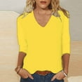thumbnail image 2 of 2023 Cotonie Women's Solid Color T-shirt 3/4 Sleeves Pullover V-Neck Blouse 2023 Trendy Casual Tops,Yellow,S, 2 of 5
