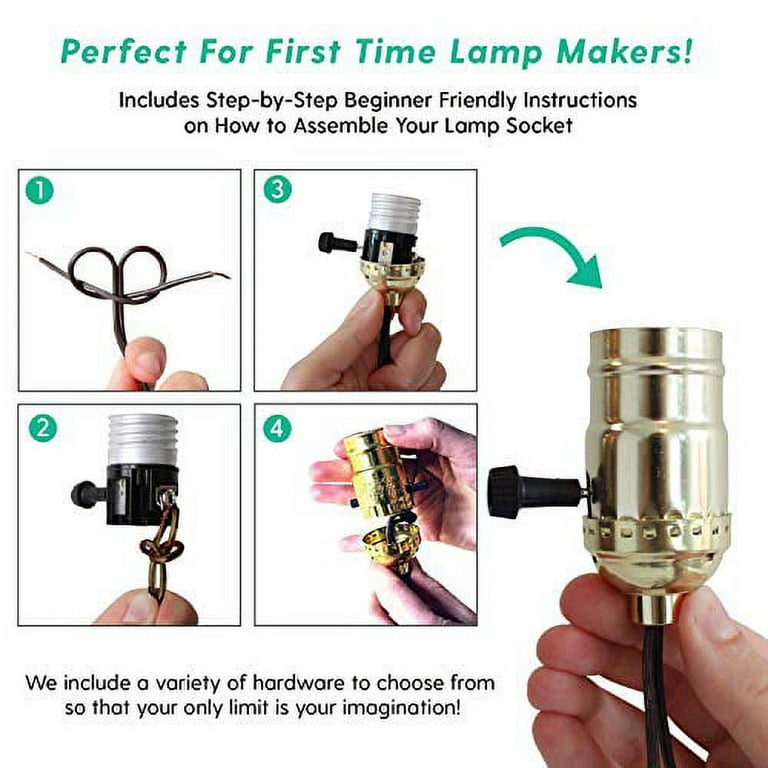Lamp Wiring Kit-Make or Repair Old Lamps-Rewire a Vintage Lamp or Create a  Custom Light Fixture with Lamp Making Kit-Glossy Brass Socket Set-12 Foot