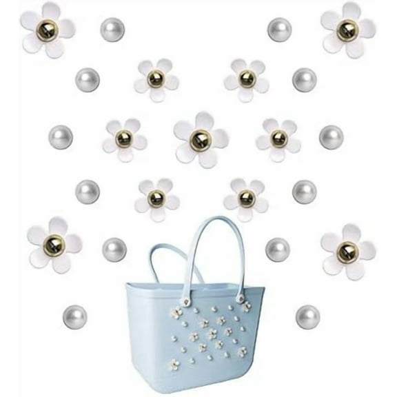Flower Charms for Tote Bags, Pearl Daisy Bag Charms Accessories, White Bag Bits Inserts for Beach Bags, Rubber Totes, Personalized Bag Decor, Gift for Mom, Daughter, Friends
