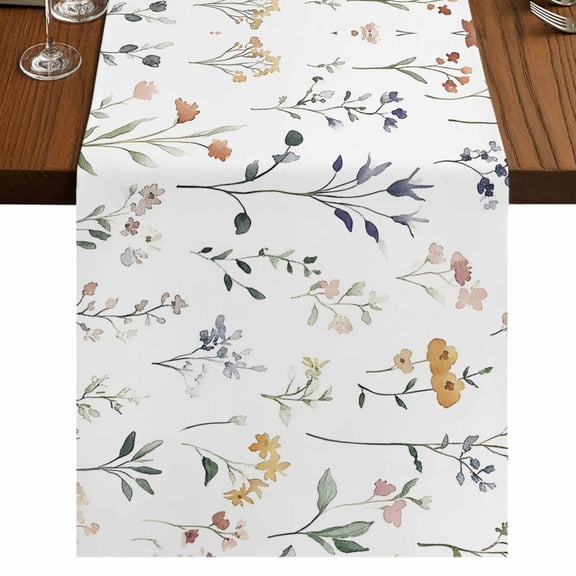 Watercolor Wildflowers 48 Inch Table Runner, Spring Pastoral Botanical Farmhouse Dresser Scarf Cotton & Linen Tablerunner for Dining/Kitchen Island/Holiday Party Décor 13" x 48"