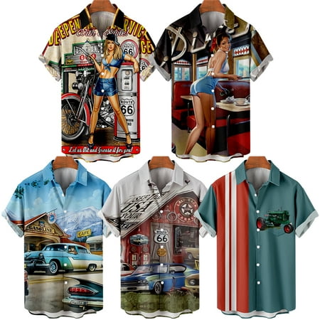 

MLFU Mens Kids Retro Car Casual Short Sleeve Tee Shirts Tropical Party Blouses for Men Women