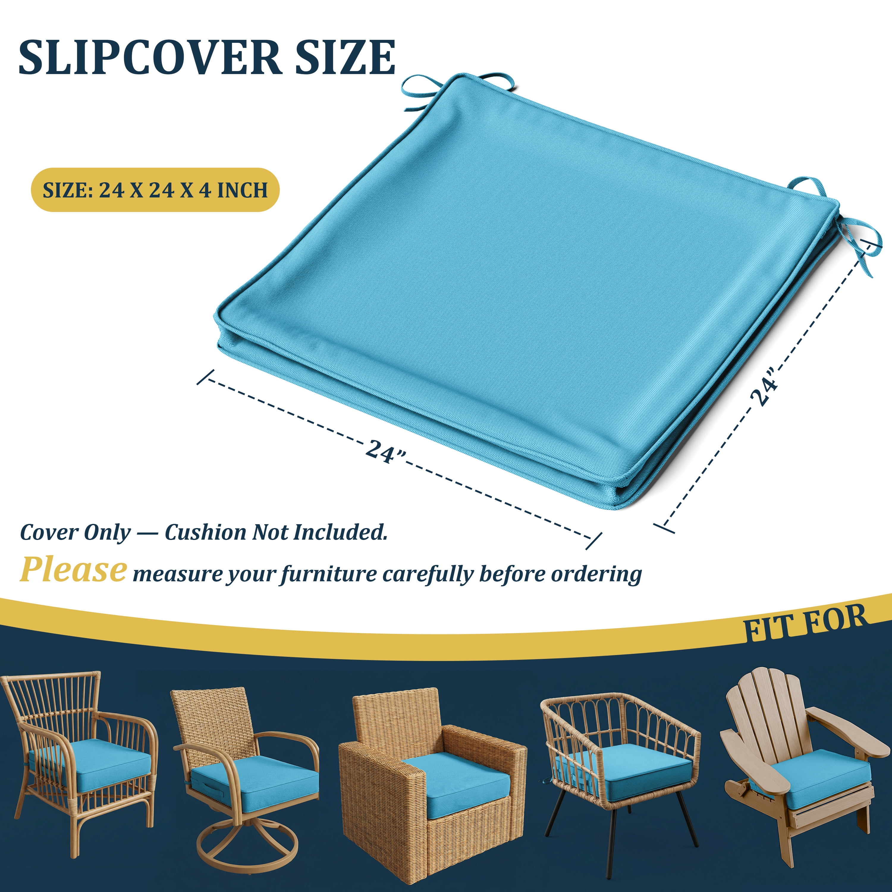 Kimunuk 2Pcs Outdoor Chair Cushions Slipcovers, 24" x 24" Replacement Waterproof Non-Slip Patio Seat Cushion Covers with Handle,Lake Blue