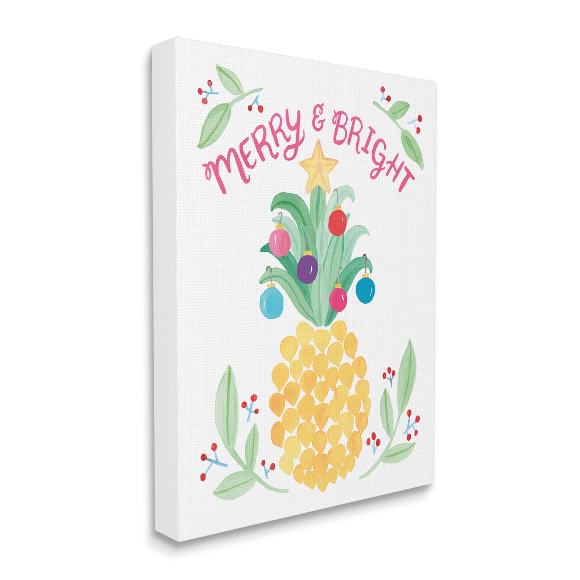 Merry & Bright Ornamental Pineapple Watercolor Detail Inspirational Painting Gallery-Wrapped Canvas Print Wall Art