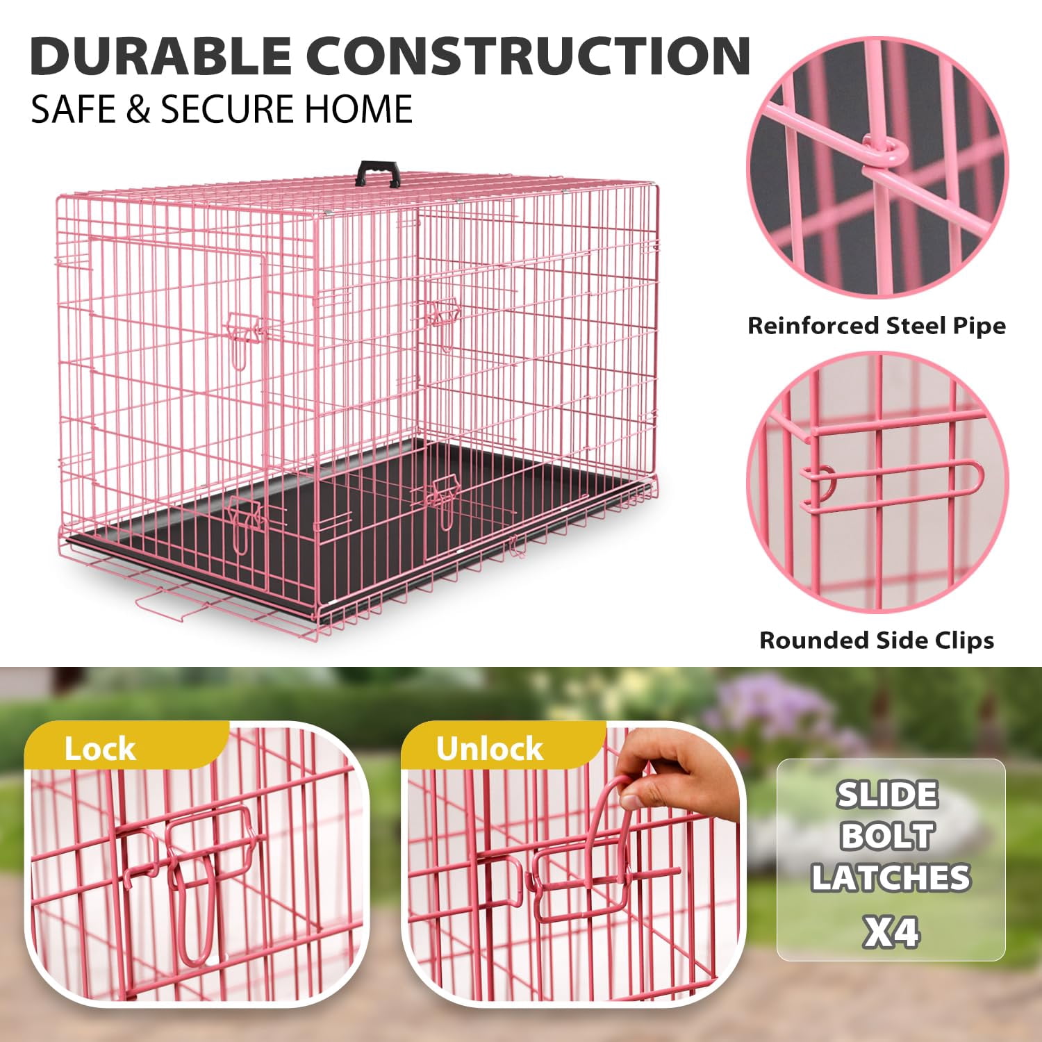 BORGEBY 48 Inch Dog Crates for Large Dogs Folding Metal Wire Crates Dog Kennels Outdoor and Indoor Pet Dog Cage Crate with Double-Door,Pink