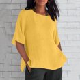 thumbnail image 2 of Otntypg Plus Size Womens Cotton Linen Shirts Loose Fit Casual Elbow Length Sleeve Oversized Crewneck Basic Tunic Blouse Lightweight Comfy Pullover Tops Yellow XL, 2 of 5