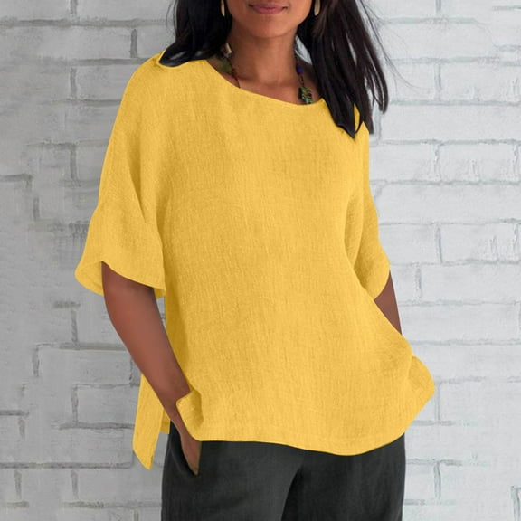 tarylea Cotton Linen Tops for Women Short Sleeve Scoop Neck T-Shirts Casual Loose Summer Lightweight Breathable Blouse