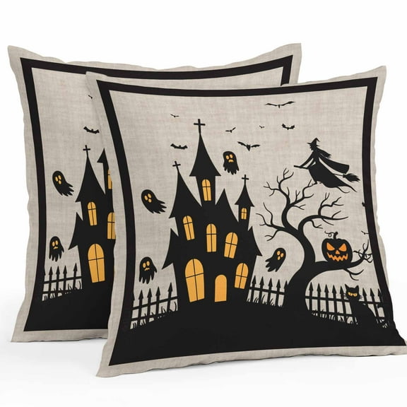 Outdoor Waterproof Pillow Covers Halloween Horror Haunted Castle Witch Pumpkin Decorative Throw Pillow Protectors,Ghost Dead Trees Pillowcase Cushion Cases for Patio Sofa Garden Couch,16x16in,2 Pack