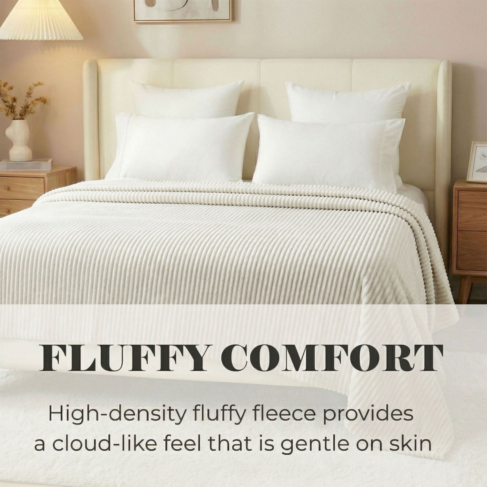 Superior Kacey Ribbed Fluffy Fleece Blanket, King Size, Ivory