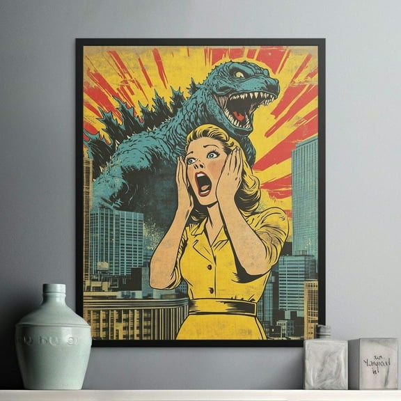 Retro Godzilla Posters, Atomic Kaiju Art, Woman Scared Posters, Vintage Comic Art, Monster Posters, Movie Wall Art, Godzilla Fan Gift, 8x12