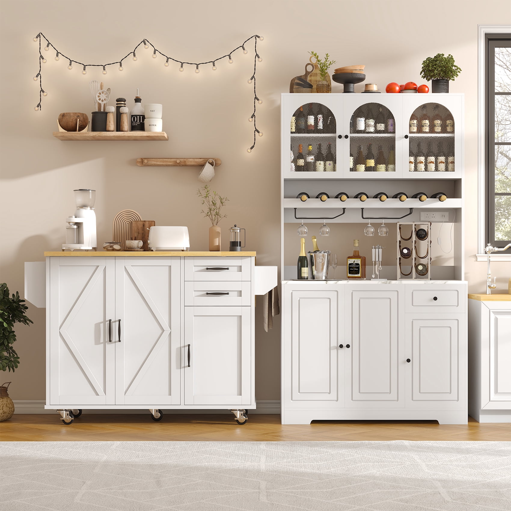 Meteorleg 51.2'' Kitchen Island Cart on Wheels, 3-Doors 2-Drawers Rolling Storage Cart with Adjustable Shelves & Rubberwood Countertop, White