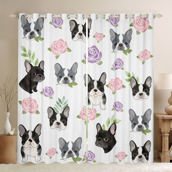 Homewish Cartoon French Bulldog Kitchen Curtains,Pink Purple Roses Black Out Curtains Pack of 2 (42x63 Each),White